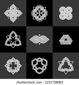 Abstract geometric linear symbols vector set, graphic design elements for logo creation, intertwined lines vintage style icons collection.