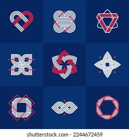 Resumen conjunto de símbolos lineales geométricos vectoriales, elementos de diseño gráfico para la creación de logotipo, colección de iconos de estilo vintage de líneas entrelazadas.
