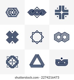 Abstract geometric linear symbols vector set, graphic design elements for logo creation, intertwined lines vintage style icons collection.