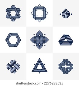 Resumen conjunto de símbolos lineales geométricos vectoriales, elementos de diseño gráfico para la creación de logotipo, colección de iconos de estilo vintage de líneas entrelazadas.