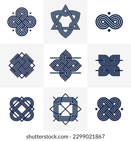 Abstract geometric linear symbols vector set, graphic design elements for logo creation, intertwined lines vintage style icons collection.