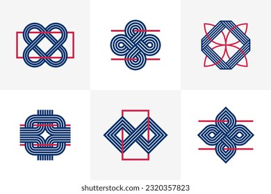 Abstract geometric linear symbols vector set, graphic design elements for logo creation, intertwined lines vintage style icons collection.