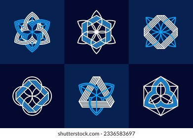 Abstract geometric linear symbols vector set, graphic design elements for logo creation, intertwined lines vintage style icons collection.