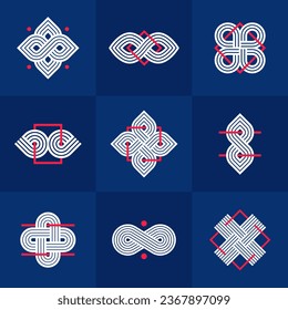 Abstract geometric linear symbols vector set, graphic design elements for logo creation, intertwined lines vintage style icons collection.