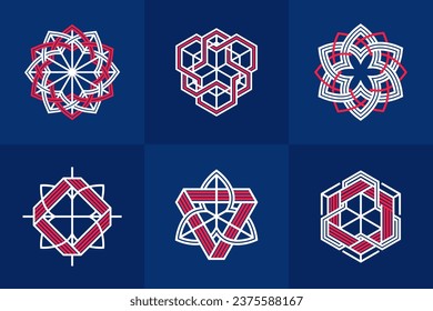 Abstract geometric linear symbols vector set, graphic design elements for logo creation, intertwined lines vintage style icons collection.