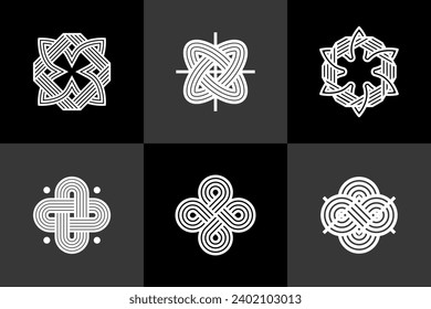 Abstract geometric linear symbols vector set, graphic design elements for logo creation, intertwined lines vintage style icons collection.
