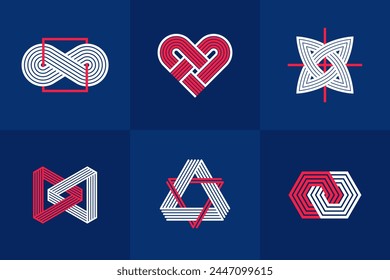 Abstract geometric linear symbols vector set, graphic design elements for logo creation, intertwined lines vintage style icons collection.