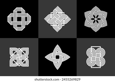 Abstract geometric linear symbols vector set, graphic design elements for logo creation, intertwined lines vintage style icons collection.