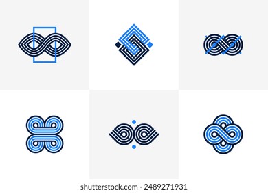 Abstract geometric linear symbols vector set, graphic design elements for logo creation, intertwined lines vintage style icons collection.