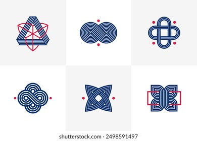 Abstract geometric linear symbols vector set, graphic design elements for logo creation, intertwined lines vintage style icons collection.