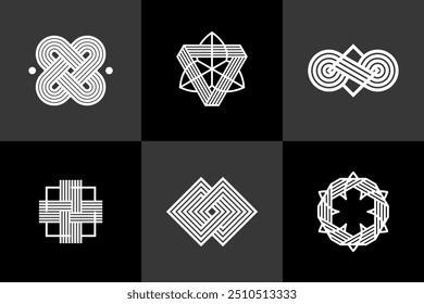Conjunto vetorial de símbolos lineares geométricos abstratos, elementos de design gráfico para criação de logotipo, linhas entrelaçadas coleção de ícones de estilo vintage.