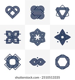 Abstract geometric linear symbols vector set, graphic design elements for logo creation, intertwined lines vintage style icons collection.