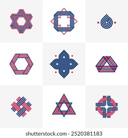 Conjunto de Vectores lineales geométricos Abstractas, Elementos de Diseño gráfico para la creación de logotipos, líneas entrelazadas colección de iconos de estilo vintage.