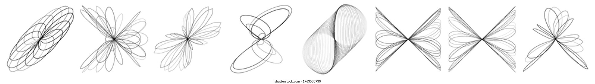 Abstract geometric lineart, lines design element. Curvy, ripple lines mandala, motif shape set. Tangled, knot effect lines