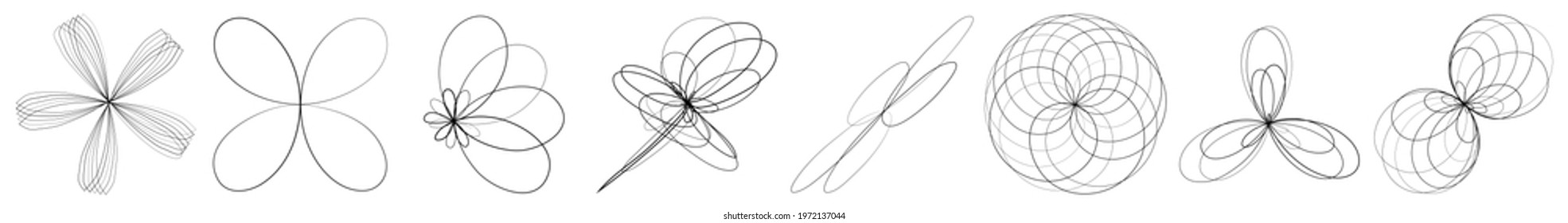 Abstract geometric lineart, lines design element. Curvy, ripple lines mandala, motif shape set. Tangled, knot effect lines