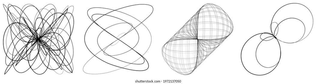 Abstract geometric lineart, lines design element. Curvy, ripple lines mandala, motif shape set. Tangled, knot effect lines