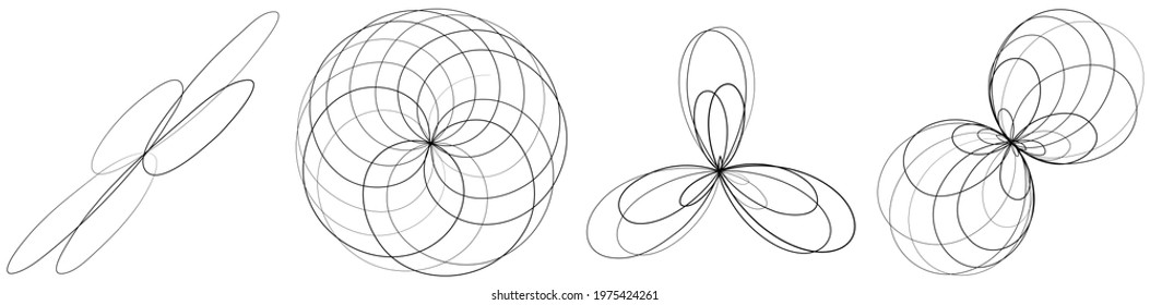 Abstract geometric lineart, lines design element. Curvy, ripple lines mandala, motif shape set. Tangled, knot effect lines