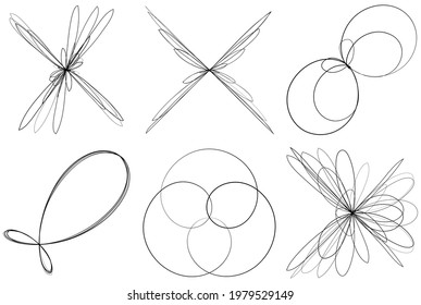 Abstract geometric lineart, lines design element. Curvy, ripple lines mandala, motif shape set. Tangled, knot effect lines