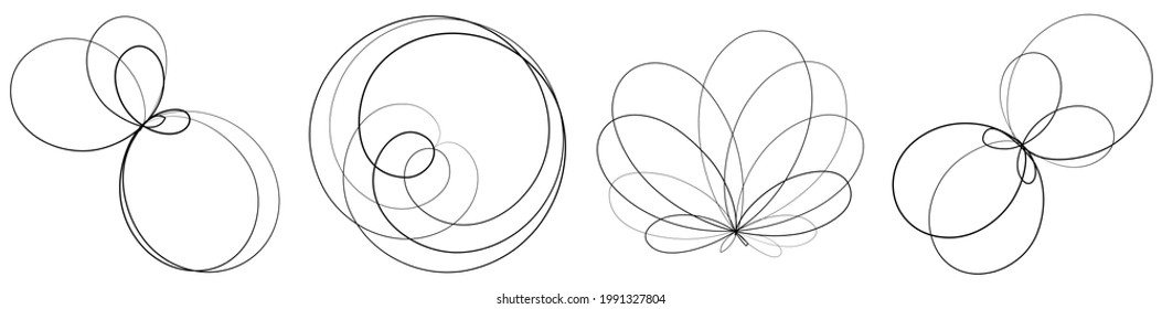 Abstract geometric lineart, lines design element. Curvy, ripple lines mandala, motif shape set. Tangled, knot effect lines