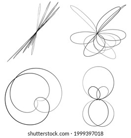 Abstract geometric lineart, lines design element. Curvy, ripple lines mandala, motif shape set. Tangled, knot effect lines