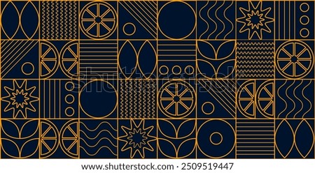Abstract geometric lines background orange fruits icons. Template for cover design, food packaging, menu, background, web banner, organic food.Bauhaus pattern abstract geometric.