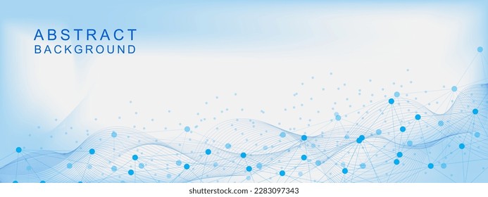 Abstract geometric lines and dots connection with wave flow. Global network communication, internet, medicine, chemistry, science and technology background concept. Vector illustration.
