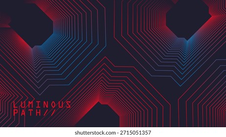 Las líneas geométricas Abstractas forman un camino luminoso sobre fondo oscuro. Alambres degradados rojo y azul efecto túnel futurista. El diseño de Vector tecnológico moderno presenta Formas hexagonales de neón.