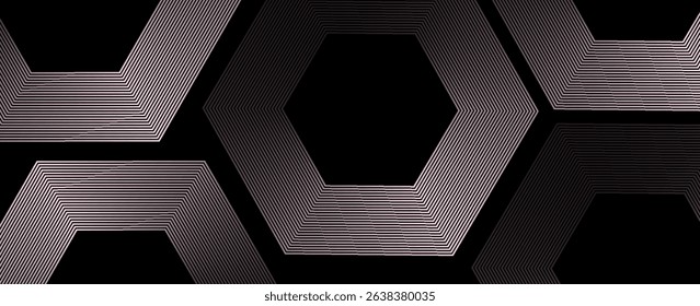 Abstract geometric lines glowing on dark blue background. Modern shiny hexagon lines pattern. Geometric line art design guide between silver white. Vector