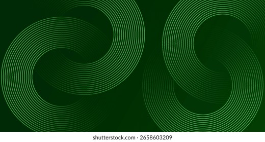 Linhas geométricas abstratas que brilham sobre um fundo escuro. Elegante, brilhante padrão de linha circular verde. Gráficos modernos e futuristas. Adequado para cartazes, banners, brochuras, arte moderna, verde escuro  