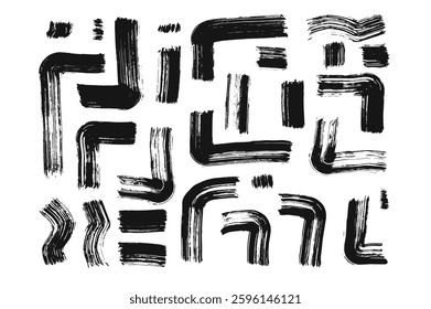 Abstract geometric lines ornament. Mascara brush swatches decoration. Paintbrush stroke maze pattern. Vector hand drawn scribble ink curvy stripes background. Charcoal or ink line corners and stains.