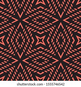 Abstract geometric lines seamless pattern. Vector ornament in black and red color. Simple geometrical texture with linear shapes, stars, stripes, rhombuses. Modern minimal background. Winter design