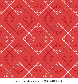 Abstract geometric lines seamless pattern. Christmas ornament in red color. Simple geometrical texture with linear shapes, rhombuses. Modern minimal background. Winter holiday vector design.