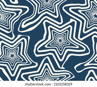 Abstract Geometric Liquid Stars Stroke Line Style Seamless Pattern Vector Trendy Fashion Design Navy Blue Ecru Tones