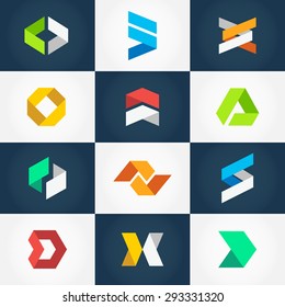 Abstract Geometric Logo Collection. Minimalistic Origami Shape Logo Set. Simple Graphic Design Elements For Your Company Logo. Creative Triangle Business Icon Set In Modern Flat Style. Vector Elements