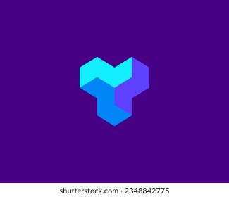 Abstract geometric logo from cubes. Bright gradient Y letter sign. Creative building construction icon. Vector illustration.