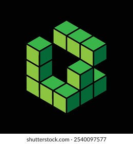 Un logotipo geométrico abstracto de cubos en forma hexagonal en color verde sobre un fondo negro