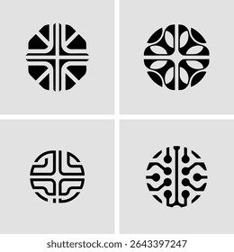 Abstract geometric logo design set showcasing modern minimalistic circular shape elements in black