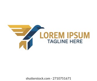 Abstract geometric logo design with stylized yellow and blue letters including placeholder text and modern minimalist tagline on white background