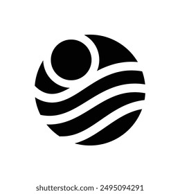 Abstract geometric logo featuring a sun over wavy lines, symbolizing harmony, nature, and balance in a minimalist black and white design.