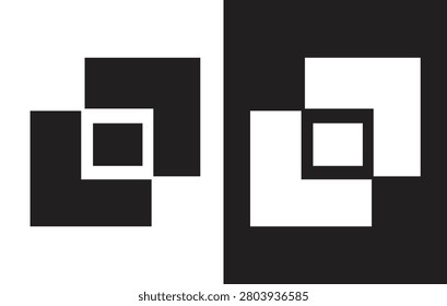 Abstract geometric logo icon of overlapping squares, minimalist black and white intersecting block frame vector illustration