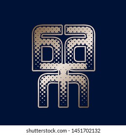 Abstract geometric logo made of letter a and letter m.Typographic elements.Decorative shape in shiny gold metallic color isolated on dark blue background.AM monogram.Beauty, luxury style.