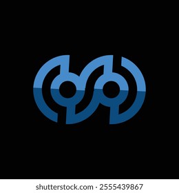An abstract geometric logo of round connected ring shape in blue color on a black background for tech companies