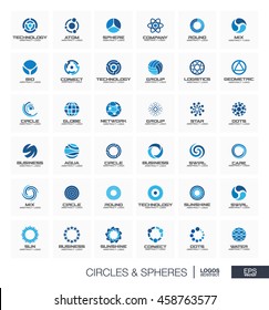 Abstract geometric logo set for business company. Corporate identity design elements. Orbit, atom, roll wheel, segment connect concept. Radius, Sphere, Circle, Globe logotype collection. Vector icons