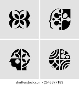 Abstract geometric logos representing concepts of nature and thought in black and white