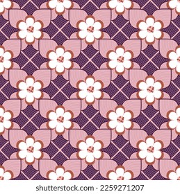 Abstract Geometric Lotus Flowers Leaves Art Deco Style Vector Seamless Pattern Trendy Fashion Colors Minimal Diagonal Tile Texture Perfect for Allover Print or Wrapping Paper Dark Purple Pink Tones