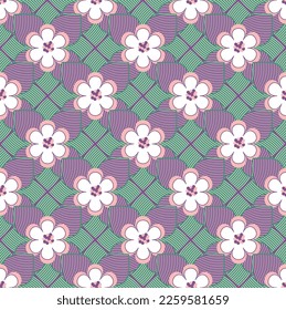 Abstract Geometric Lotus Flowers Leaves Art Deco Style Vector Seamless Pattern Trendy Fashion Colors Minimal Diagonal Tile Texture Perfect for Allover Print or Wrapping Paper Lilac Pink Green Tones