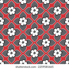 Abstract Geometric Lotus Flowers Leaves Art Deco Style Vector Seamless Pattern Trendy Fashion Colors Minimal Tile Texture Perfect for Allover Print or Wrapping Paper Red Gray Tones