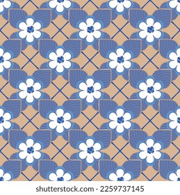 Abstract Geometric Lotus Flowers Leaves Art Deco Style Vector Seamless Pattern Trendy Fashion Colors Minimal Diagonal Tile Texture Perfect for Allover Print or Wrapping Paper Royal Blue Brown Tones