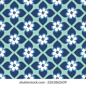 Abstract Geometric Lotus Flowers Leaves Art Deco Style Vector Seamless Pattern Trendy Fashion Colors Minimal Tile Texture Perfect for Allover Print or Wrapping Paper Navy Blue Mint Blue Tones