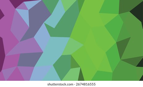 Abstrakter geometrischer Low-Poly-Hintergrund mit violetten und grünen Tönen. Skalierbares Vektorformat geeignet für Print und digitale Medien.